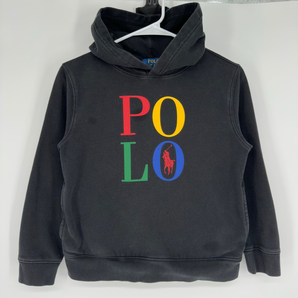 Polo Ralph Lauren Boys Black Multi Color Logo Hoodie Sweatshirt Size M 10-12